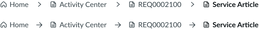 breadcrumbs with home icon and either a directional icon or separator and page link