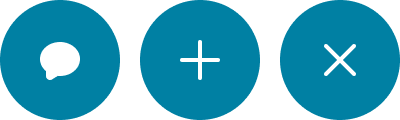 a message icon, headset icon, and X icon used in circular buttons.