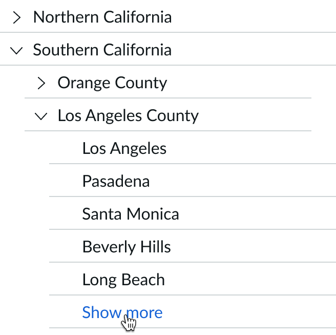 a 'Show more' option to load more Los Angeles counties in the content tree