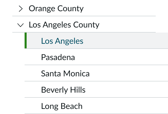 Los Angeles is highlighted under the Los Angeles County parent node