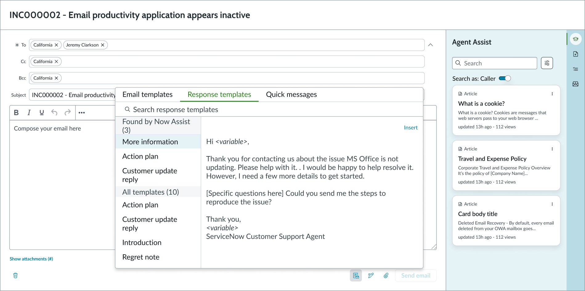 email composer appearing in a column in a display