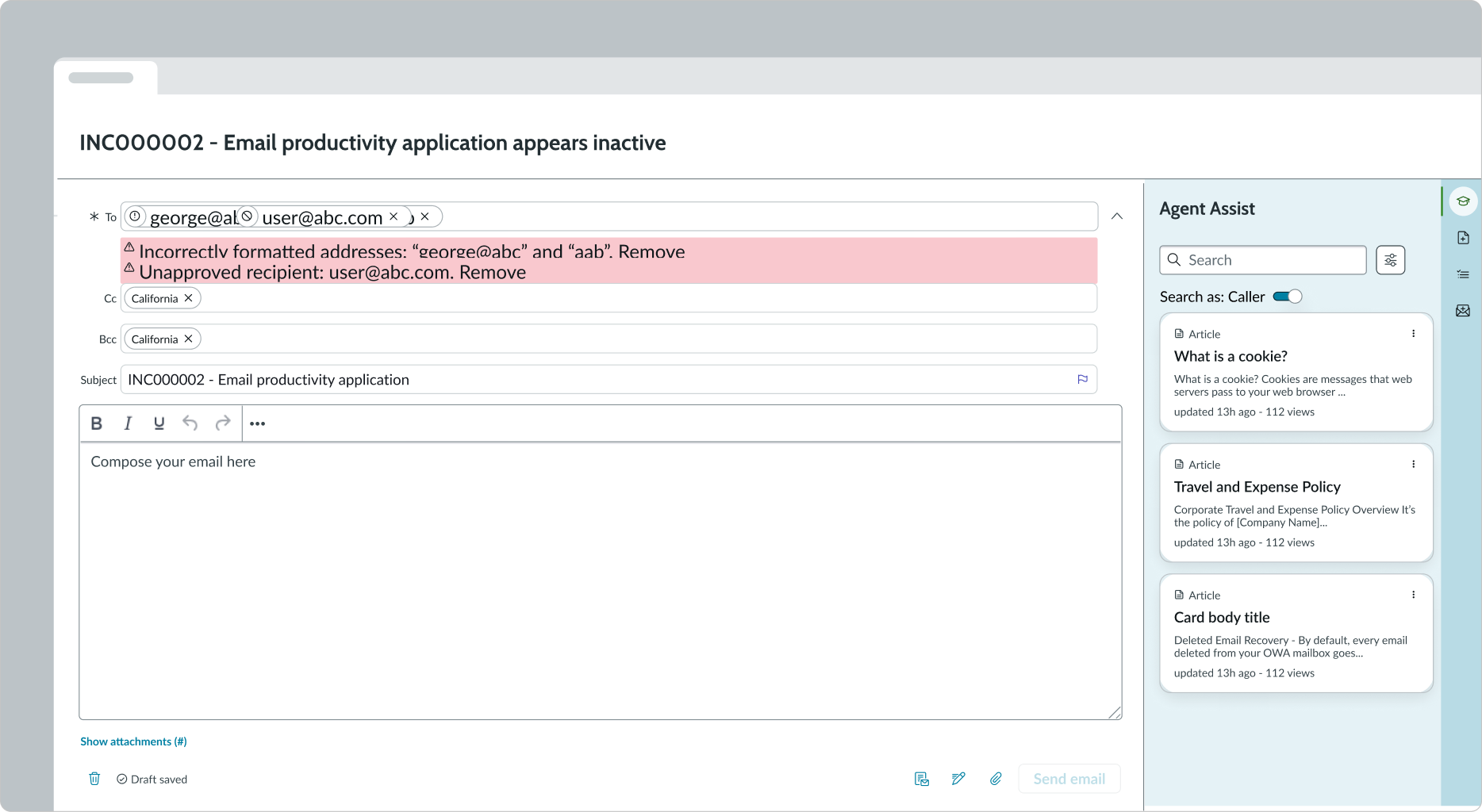 alert list appears on top of the display for the error state in email composer