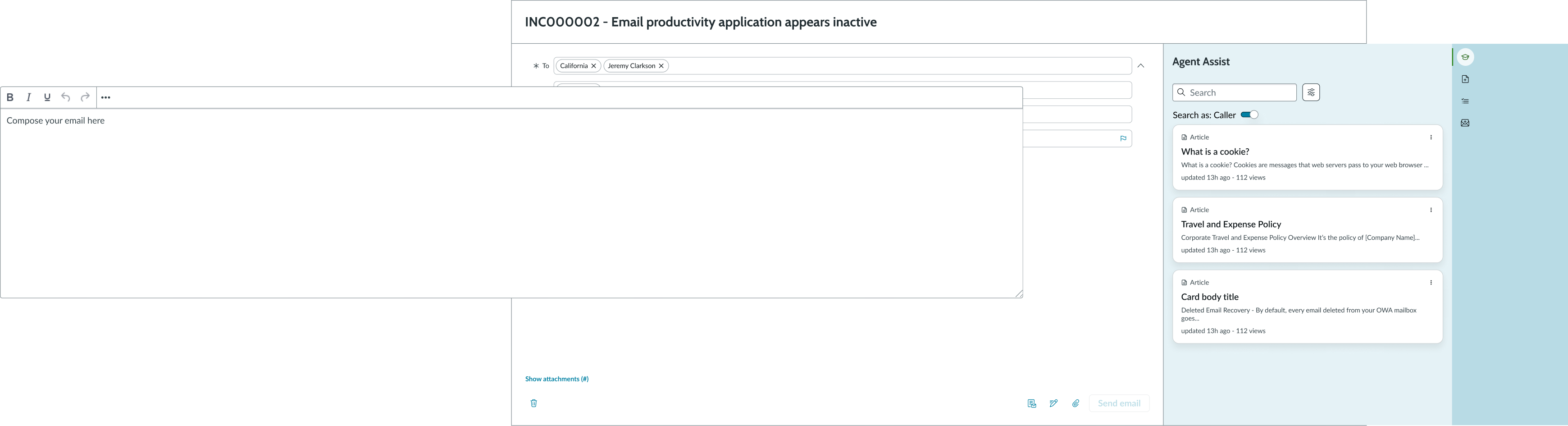email composer appearing in a column in a display