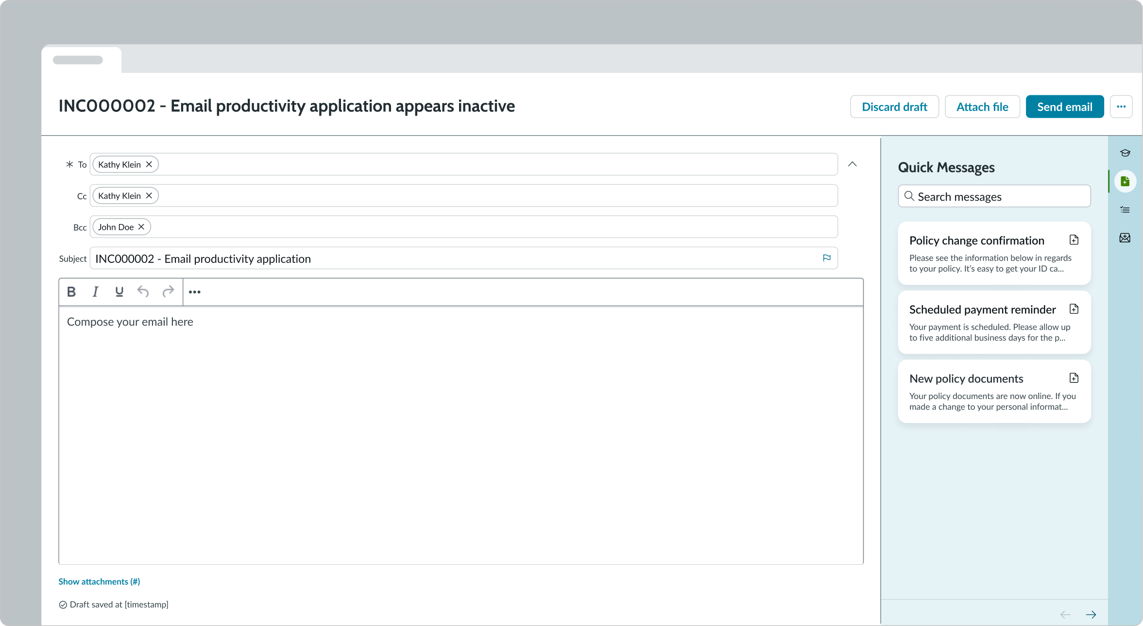 Quick messages component opens after the user selects the document icon in the sidebar