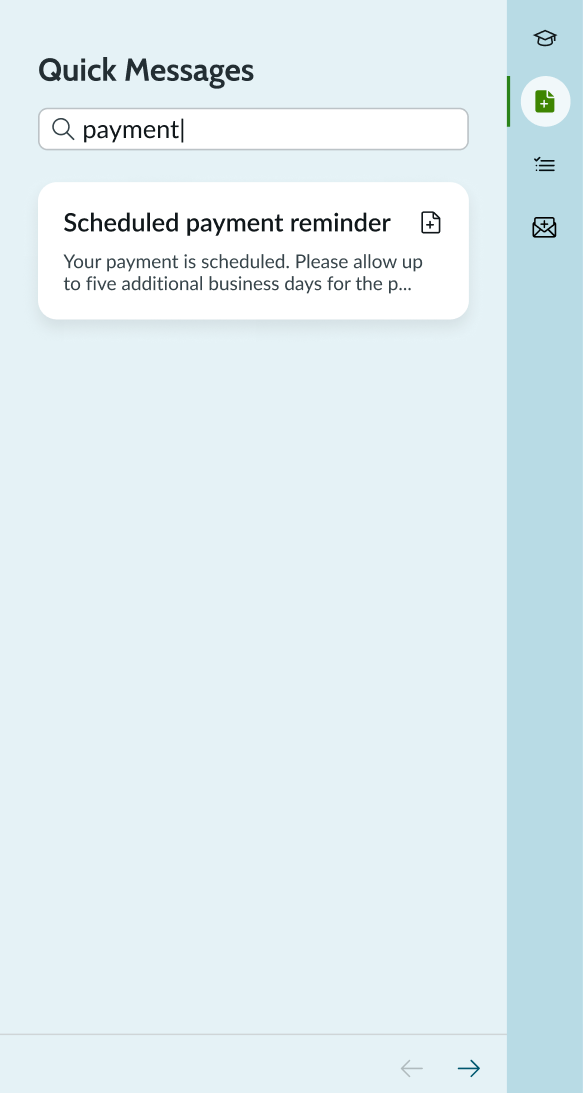 Results for a quick message query using the search field show one quick message card