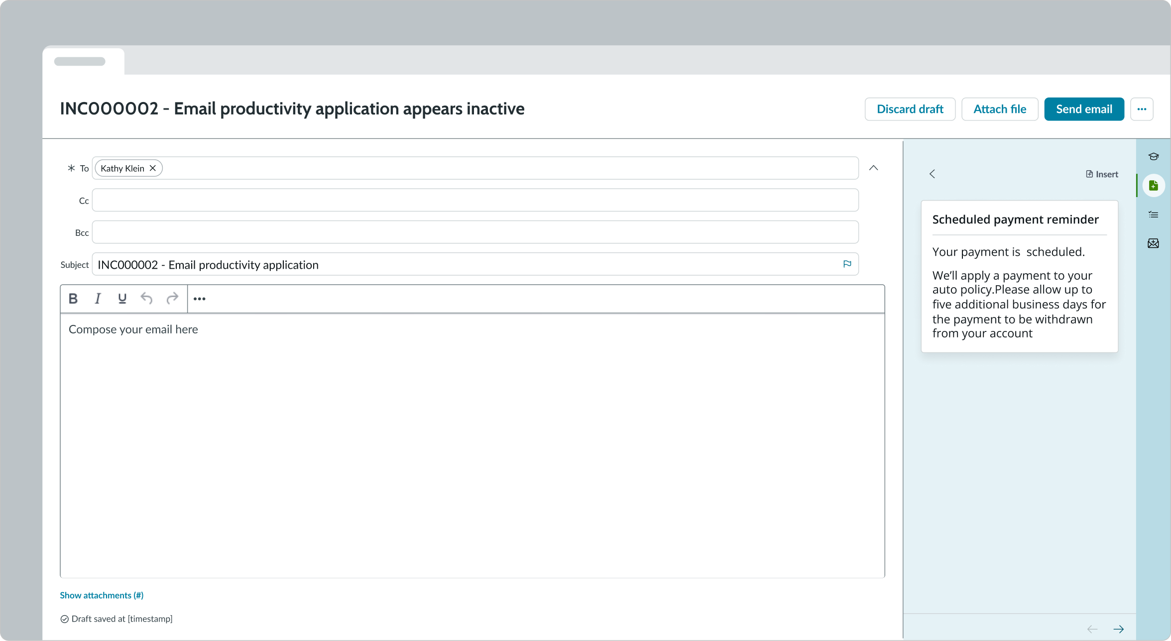 Quick message open in the side panel ready for the user to insert into an email body