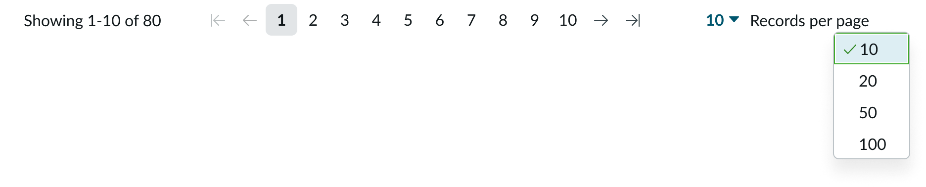 Shows user interaction with the dropdown for selecting the number of records per page