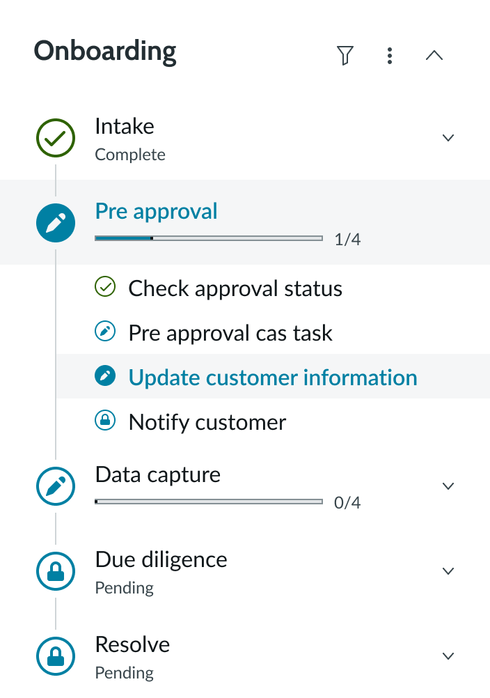 activity picker with the selected stage expanded to show its activities and other stages listed as locked