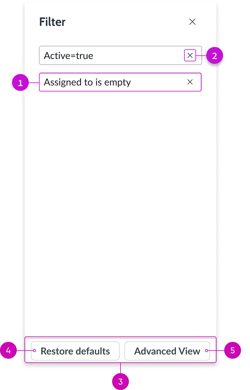 Shows the anatomy of the list filters