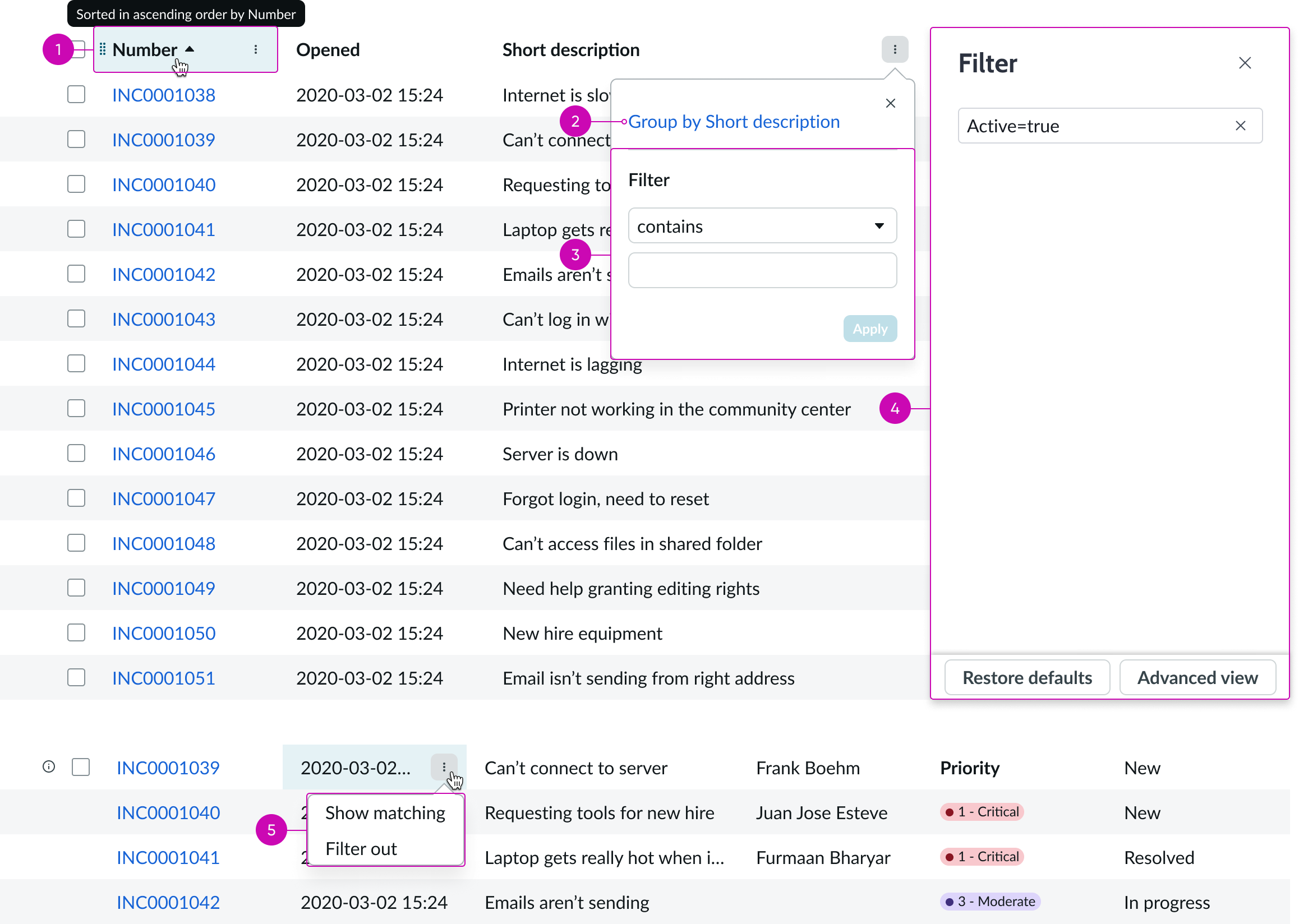 Annotated examples of filtering and sorting options