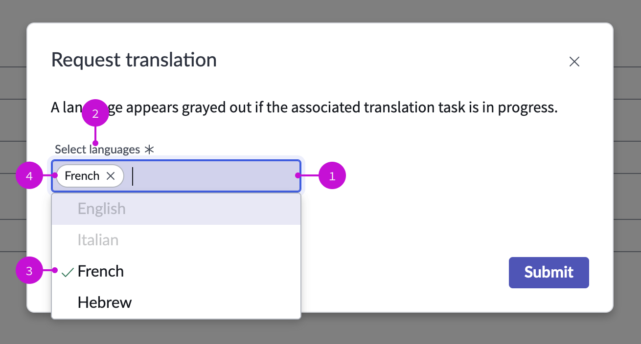 Anatomy of the typeahead multi component used in the request translation modal page