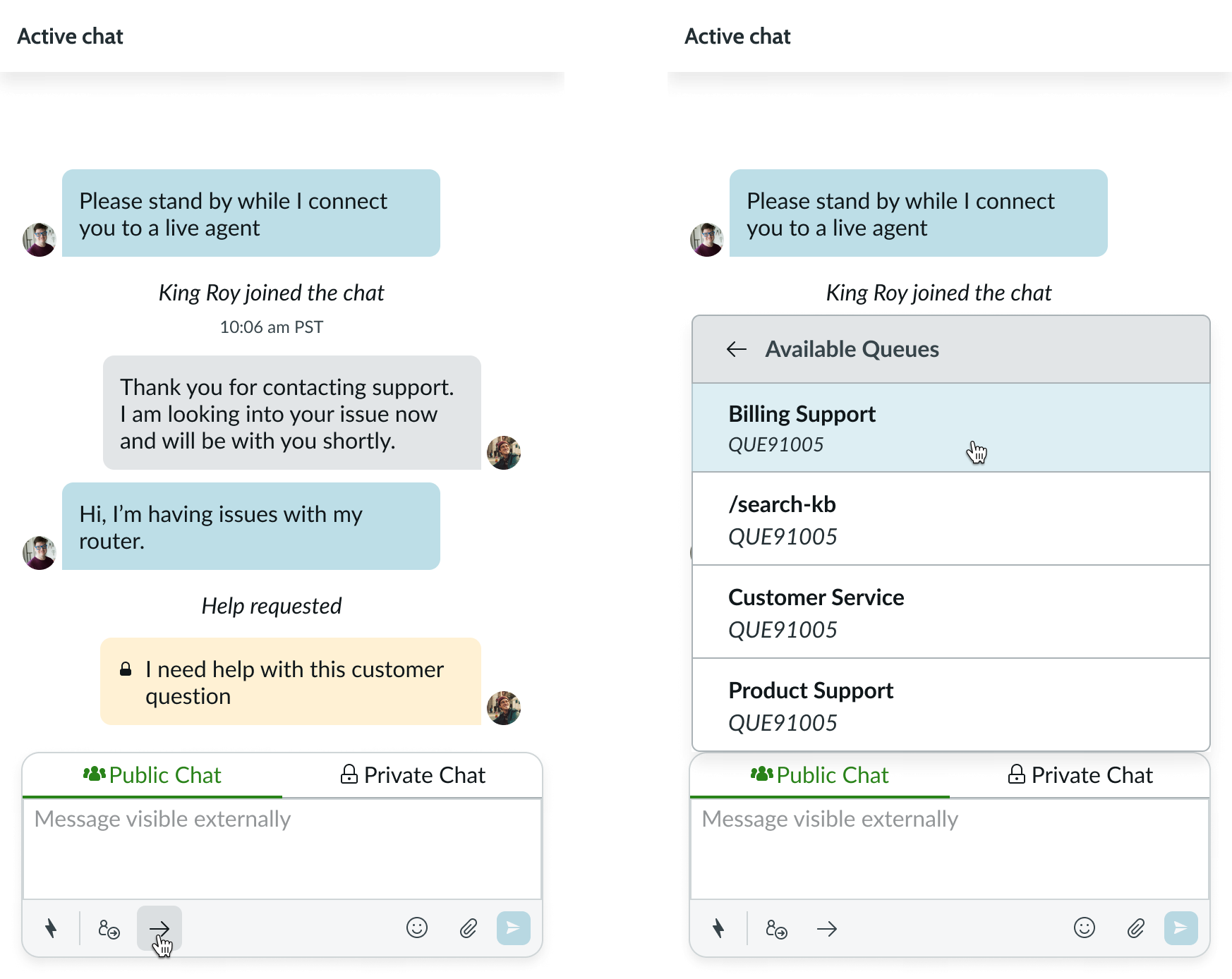 agent chat with quick action operation