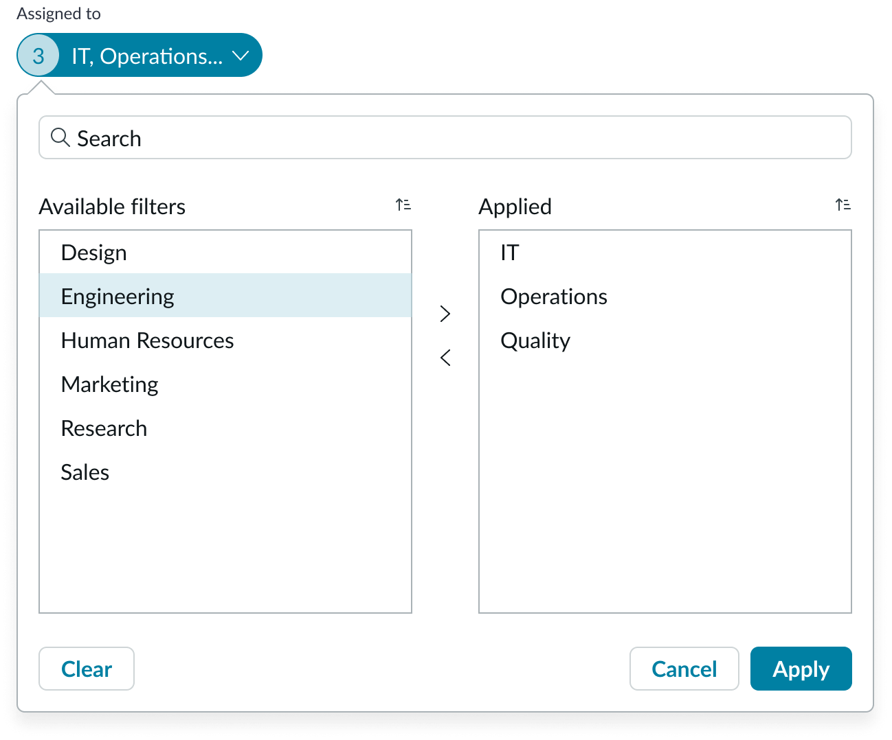 Mulit-select filter allows users to move available items to the panel on the right with the arrow icons to select the items. Apply button enables the user to apply the selections