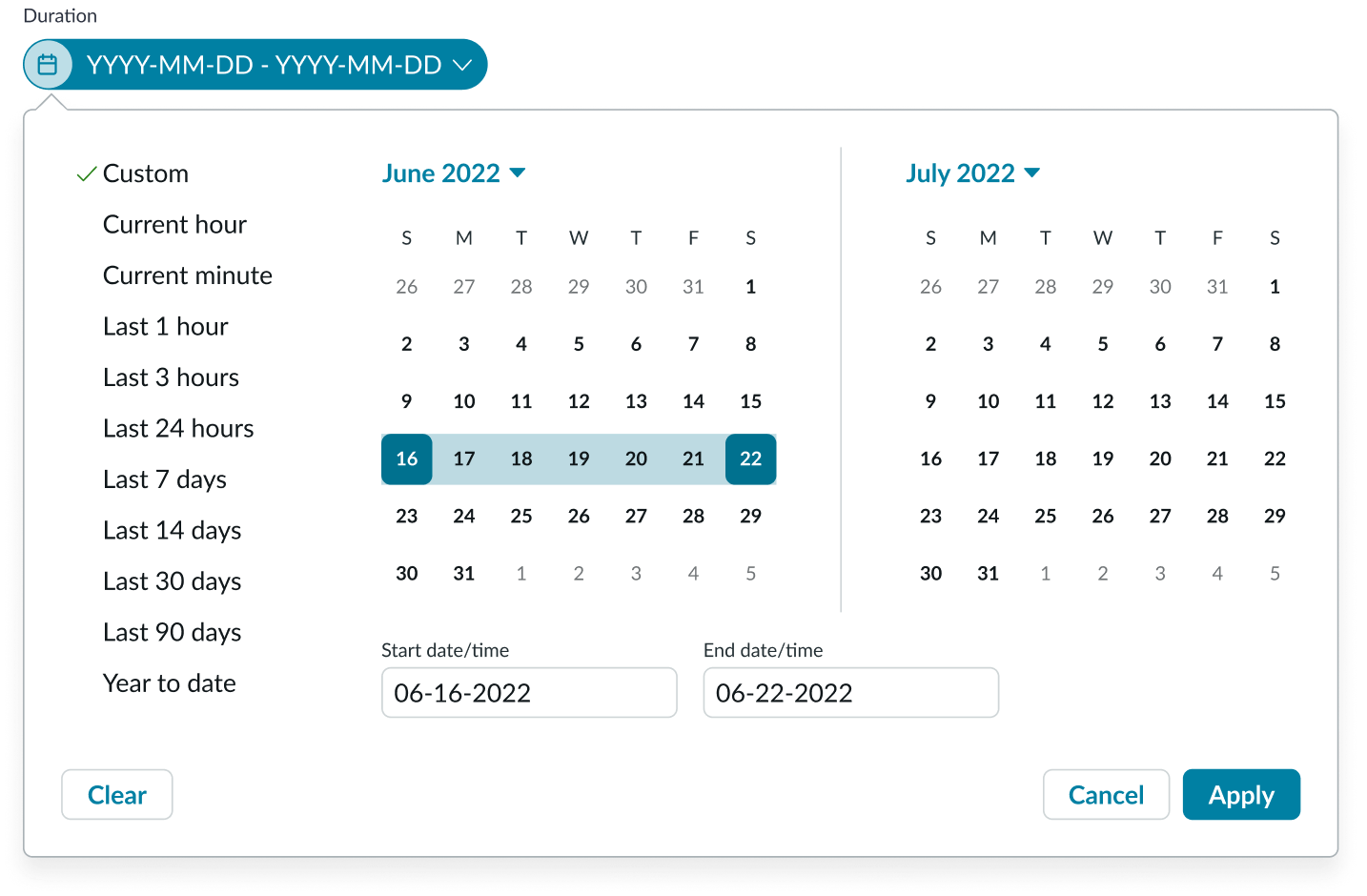 date filter showing date ranges in popover