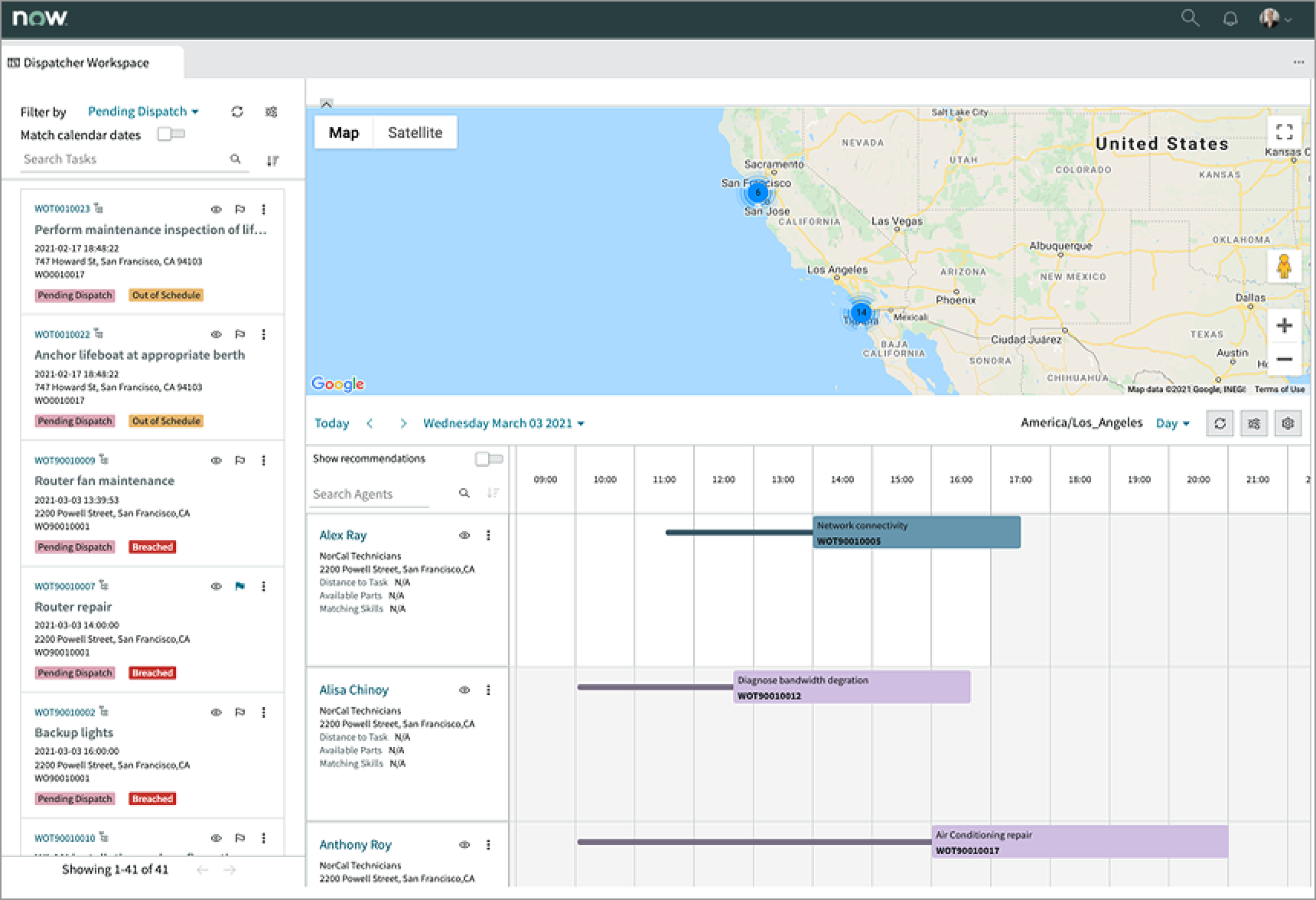 FSM Google map in the dispatcher workspace