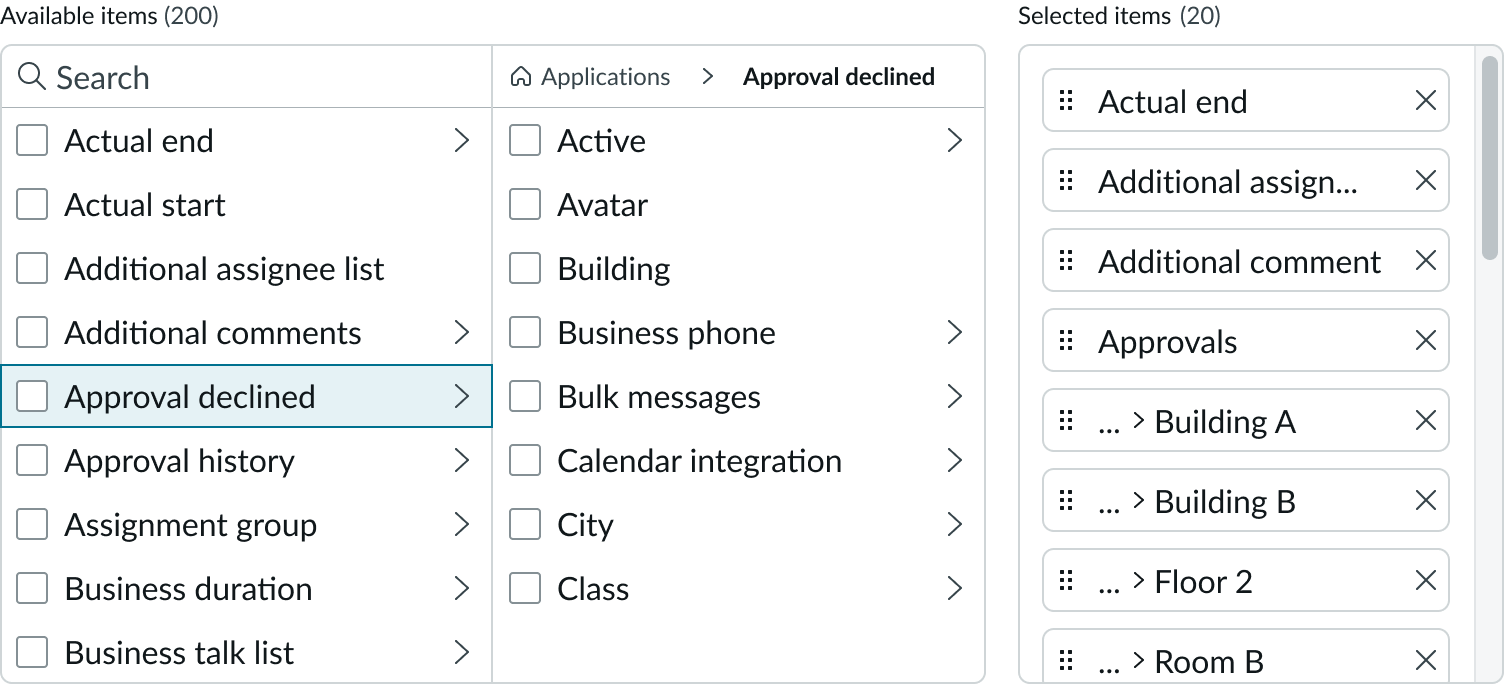 Shows the dot walk view type of list selector with two panels for available items and the dot walk path at the top of the second panel
