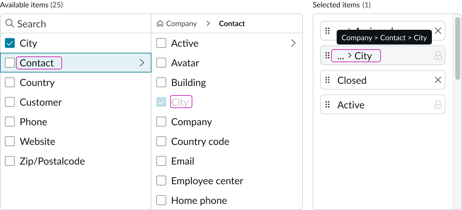 Shows the optional dotwalk path to the parent node displayed in the selector
