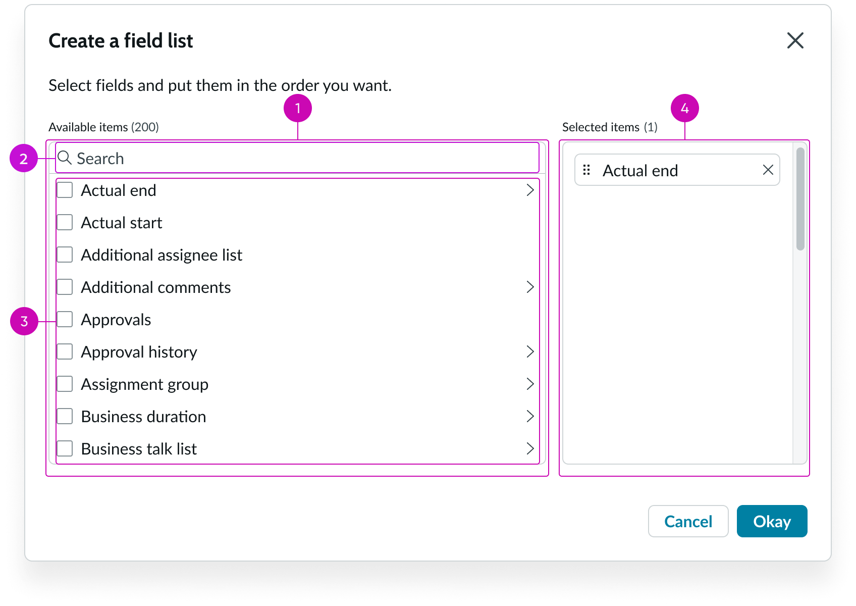 Shows the tab order for the list selector set to display a single panel available items list