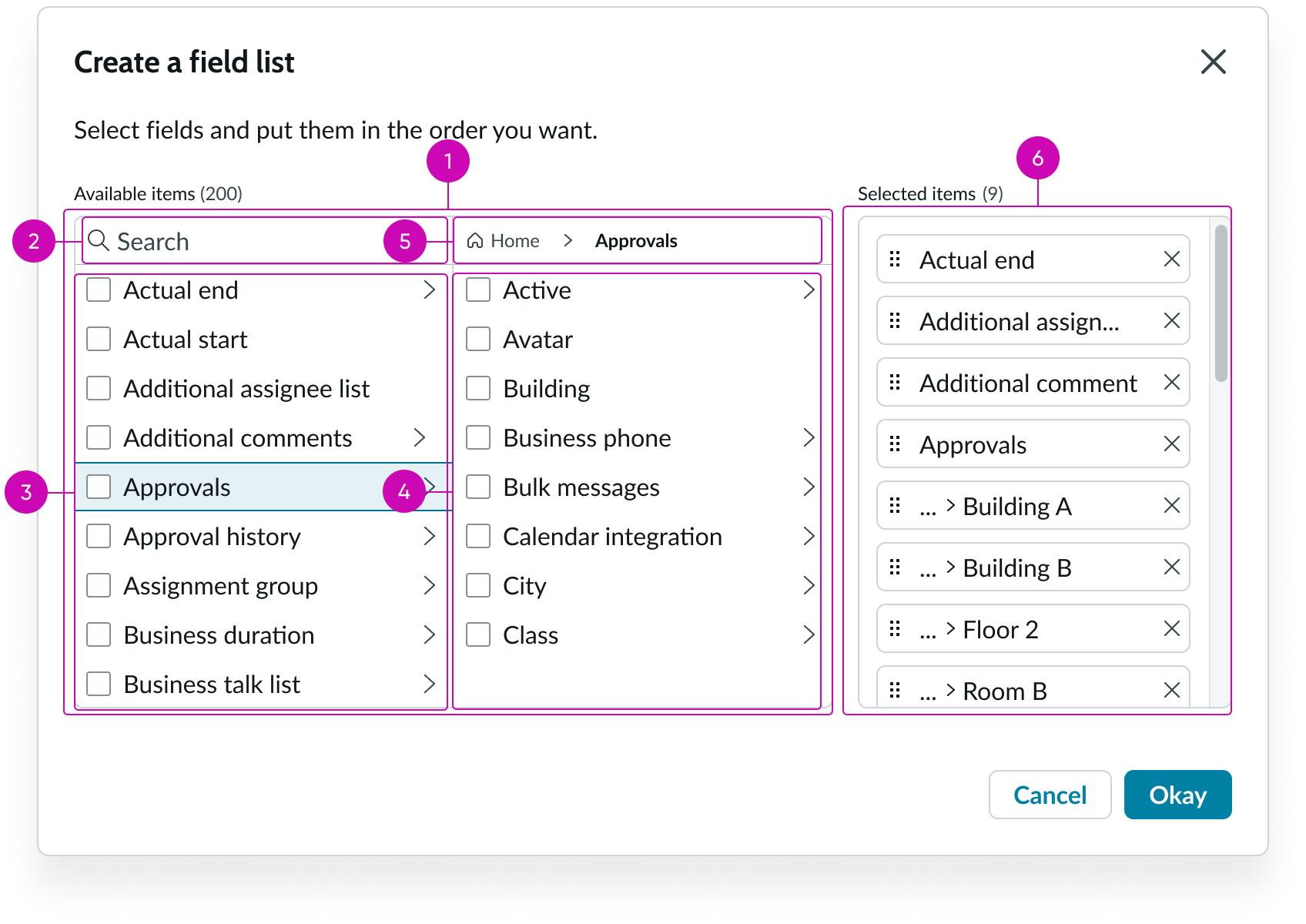 Shows the tab order for the list selector set to display a two panel available items list