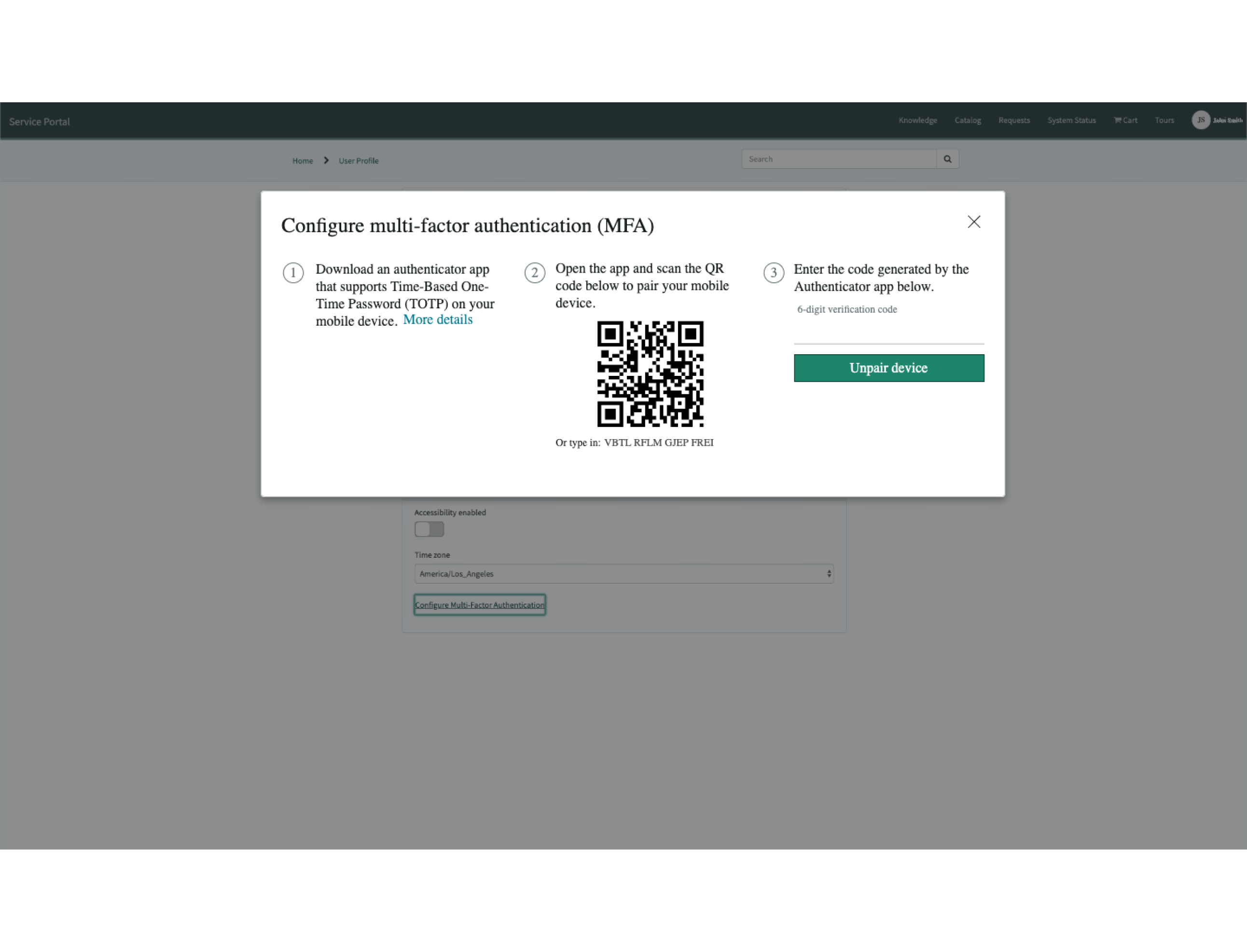 inaccessible page content when mfa setup modal is open