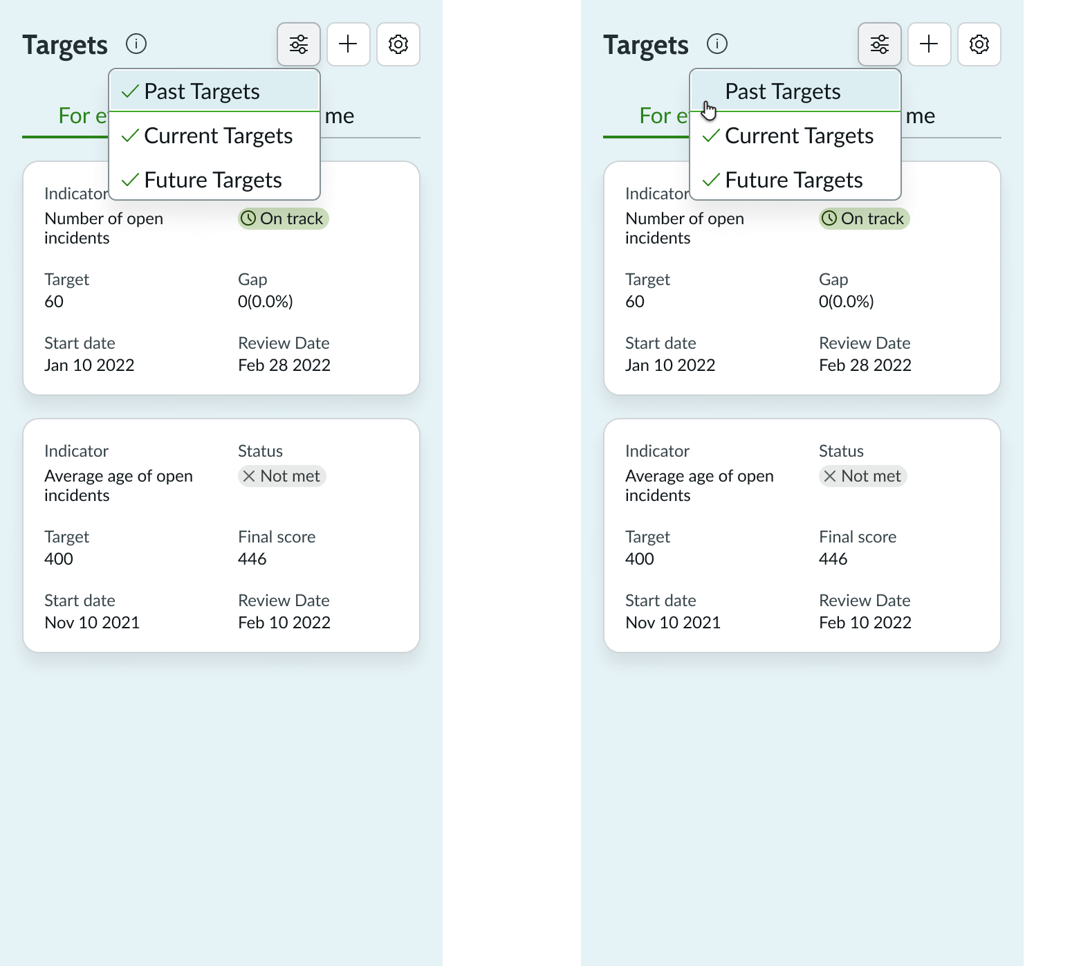 KPI targets settings