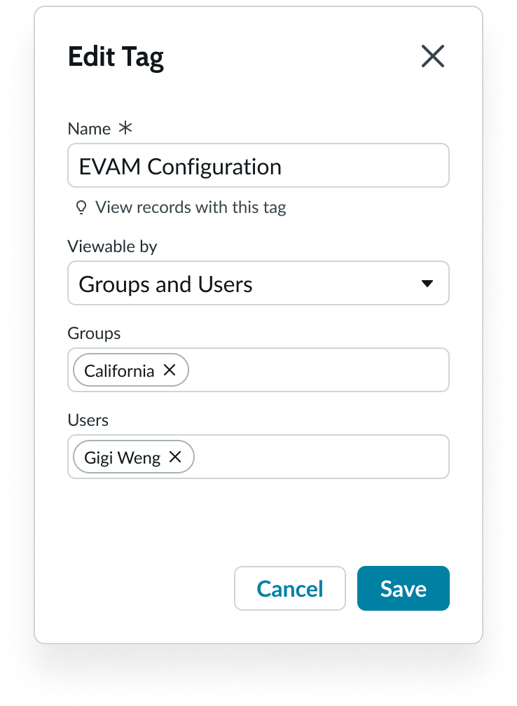 record tags component modal in a responsive layout