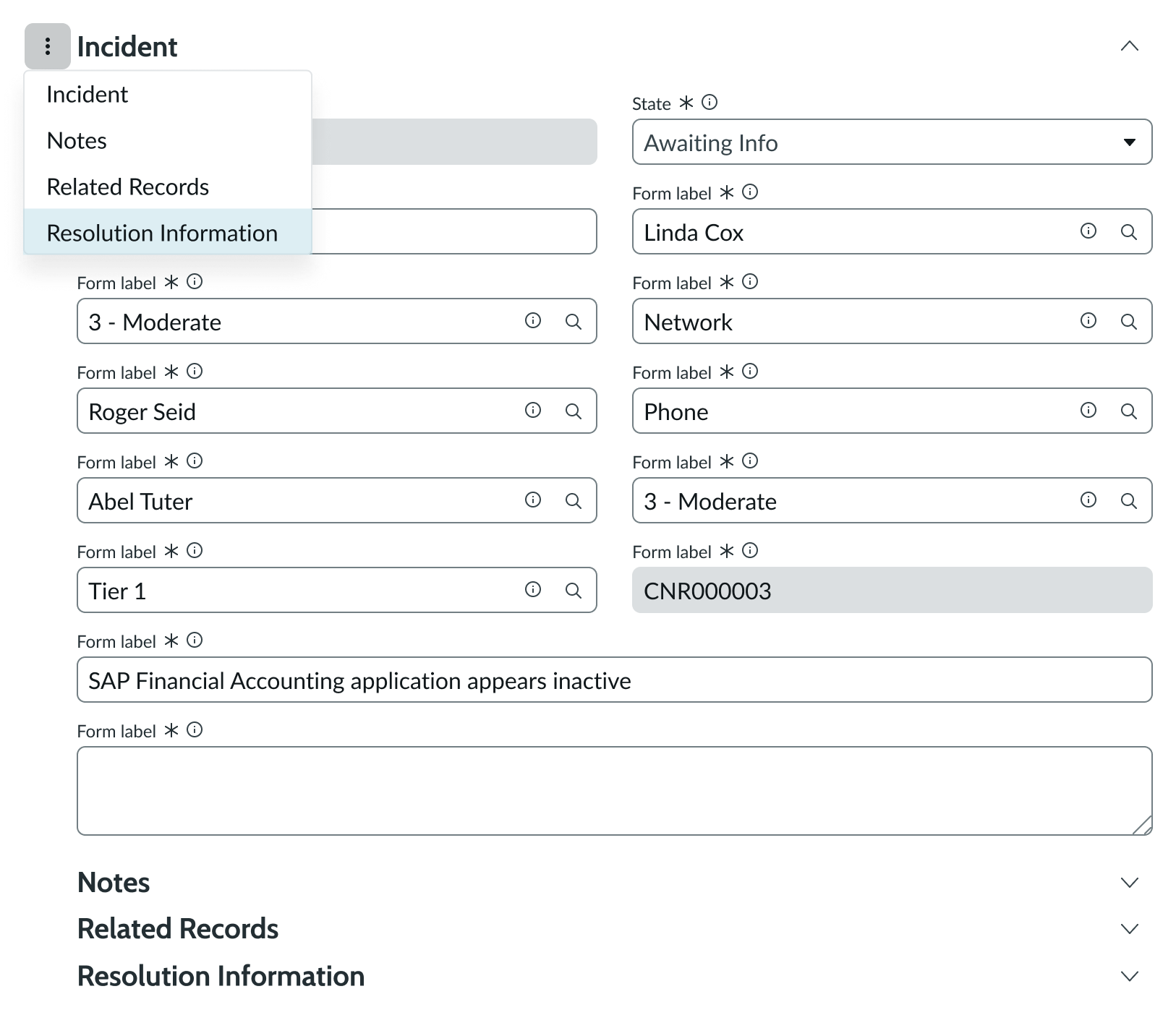 Navigation menu open to show the individual section headers within the form, with 'Resolution Information' in focus.