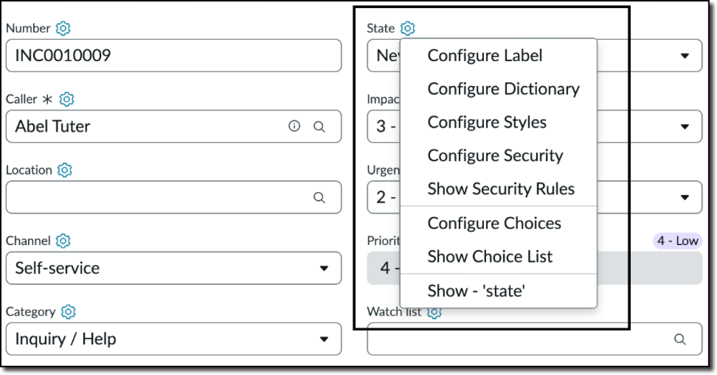 Part of a form with an icon next to each field name that the admin can select to access the field context menu that offers configuration options