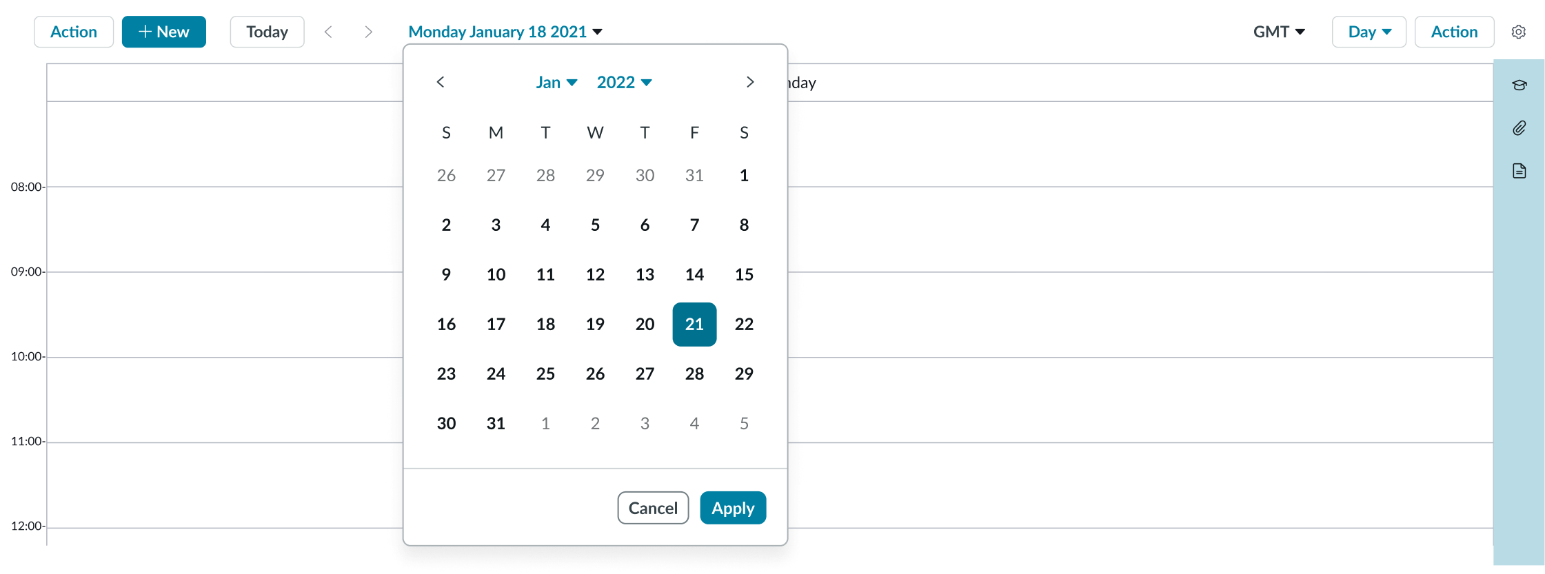 mini calendar for setting the calendar view date range