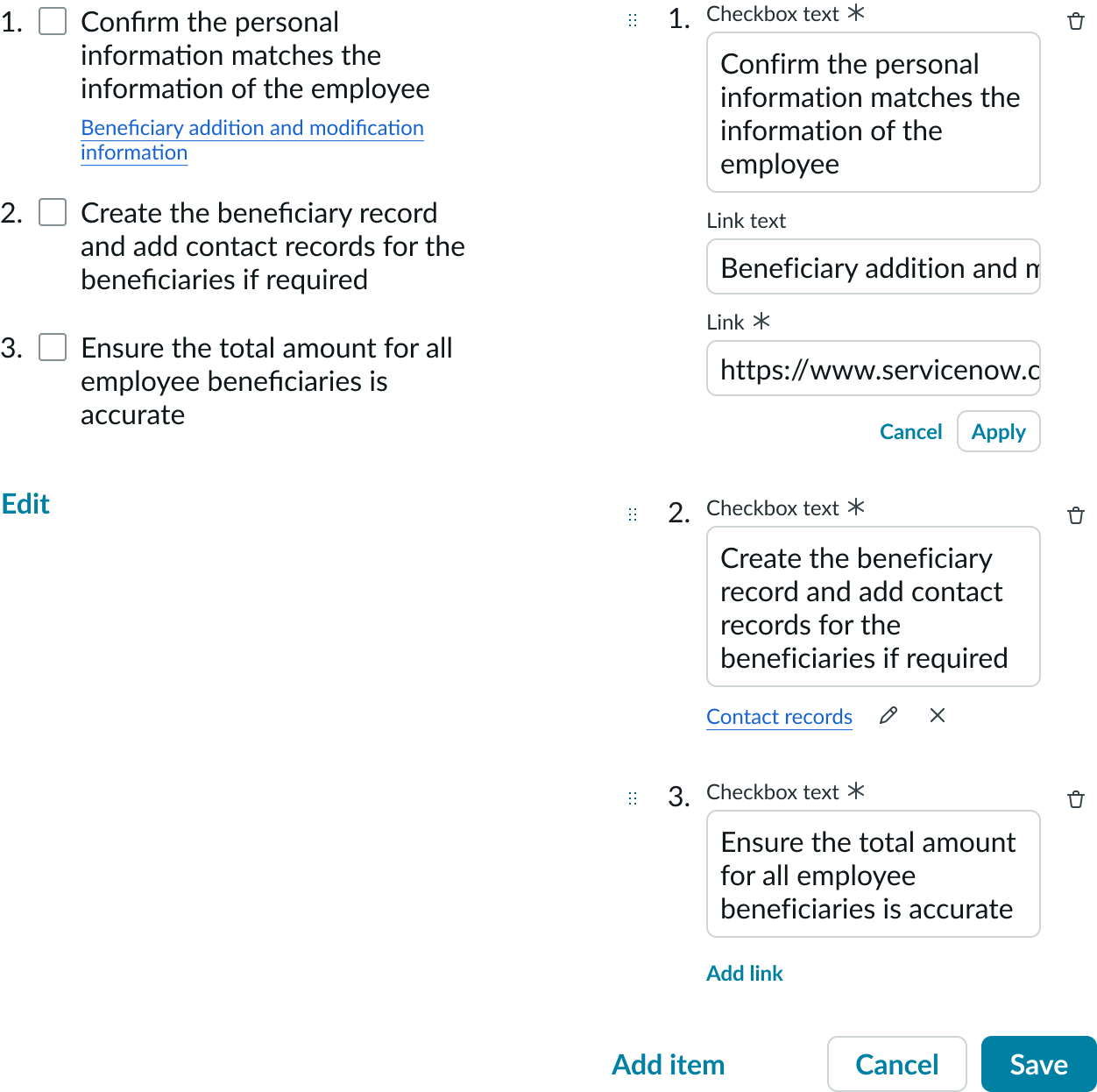Shows the checklist in editing and non-editing mode when the user is not interacting with it