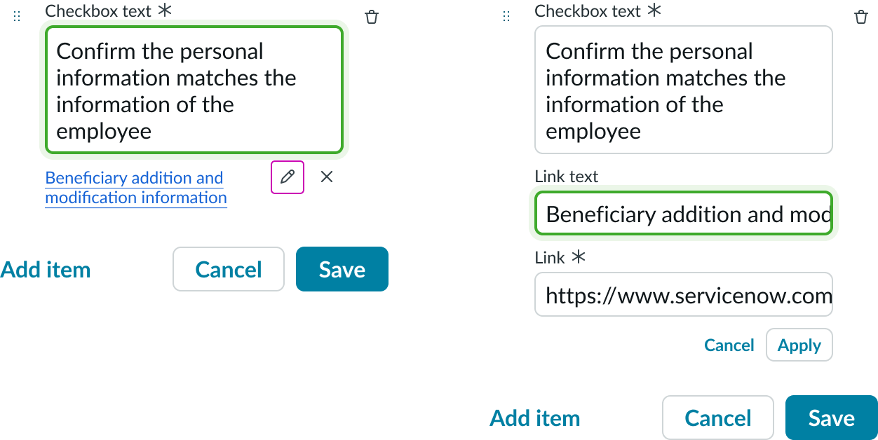 Shows the controls for editing a link and the focus on the checkbox item when the user is able to edit the item
