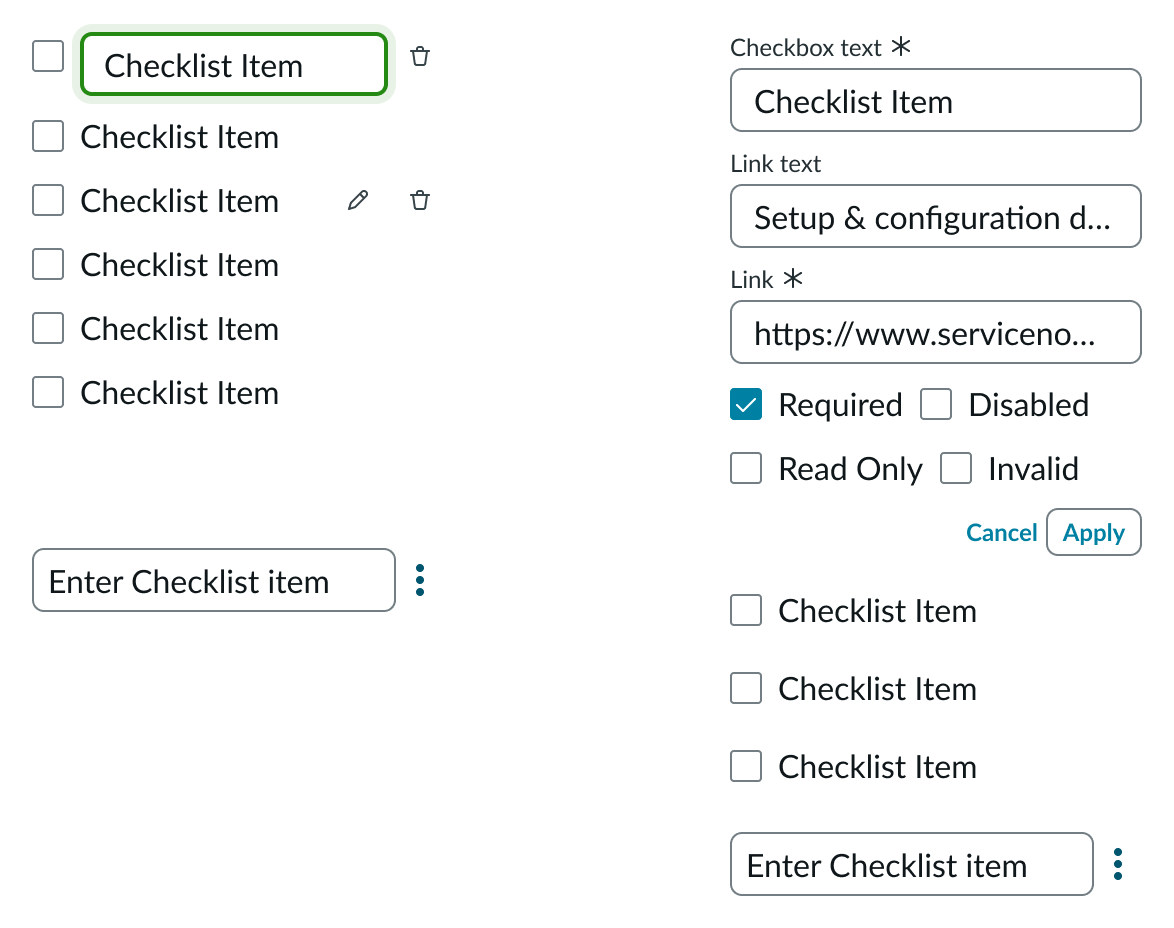 Shows the controls for editing a link and the focus on the checkbox item when the user is able to edit the item 