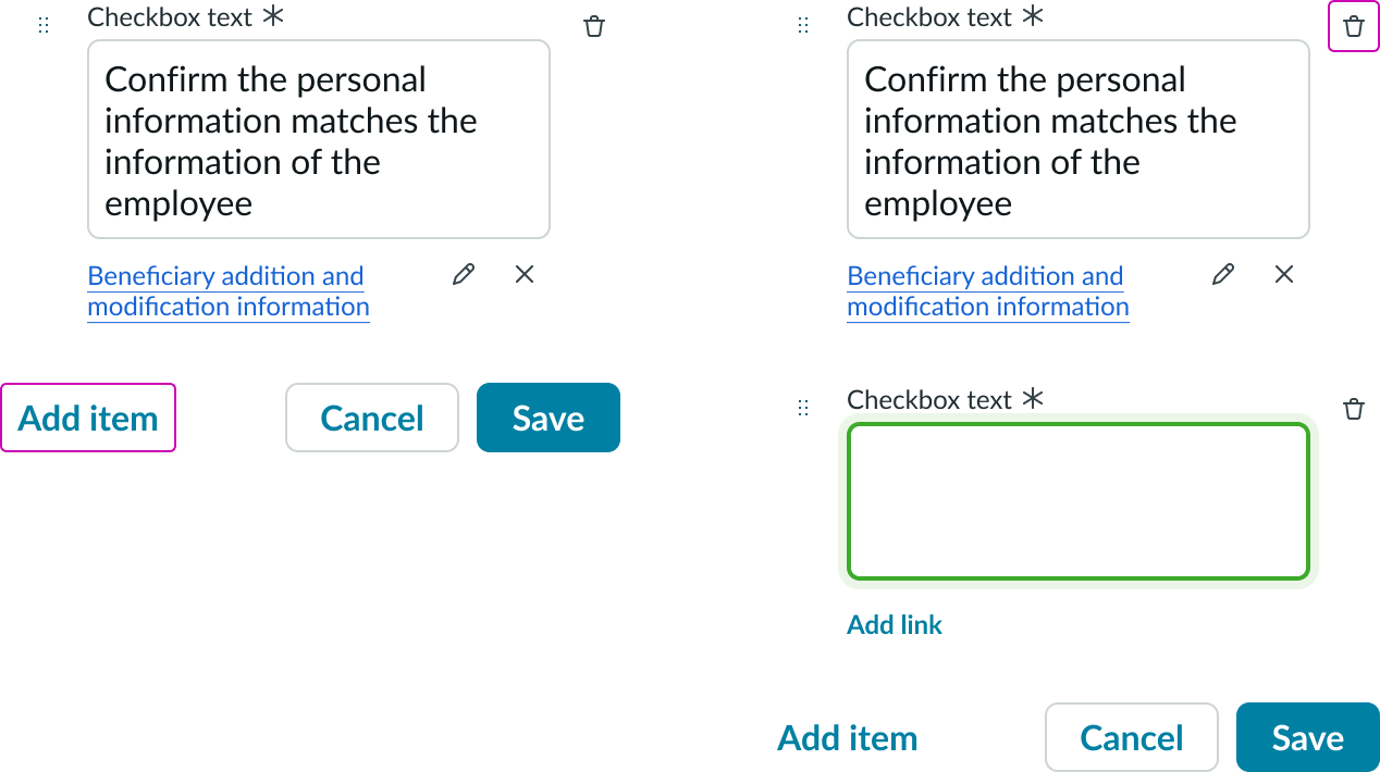 Shows the controls for adding a cheklist item and the new input for checkbox text