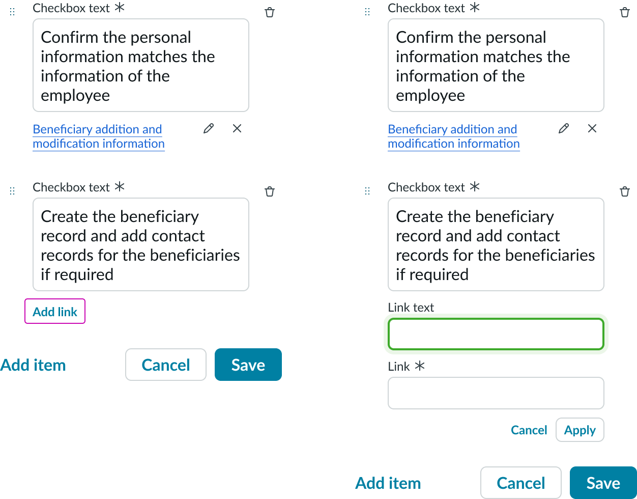 Shows the controls for adding a link to a checklist item and the input fields for the link text and URL