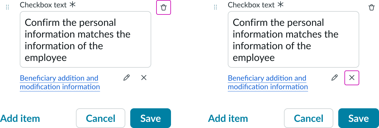 Shows the controls for deleting checklist items and links