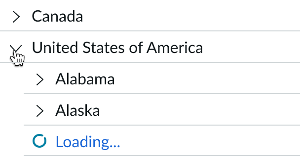 user selects the United States node to open lazy loading of states