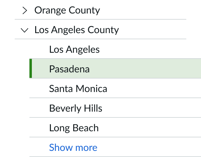 only the Pasadena item is selected under the parent Los Angeles County