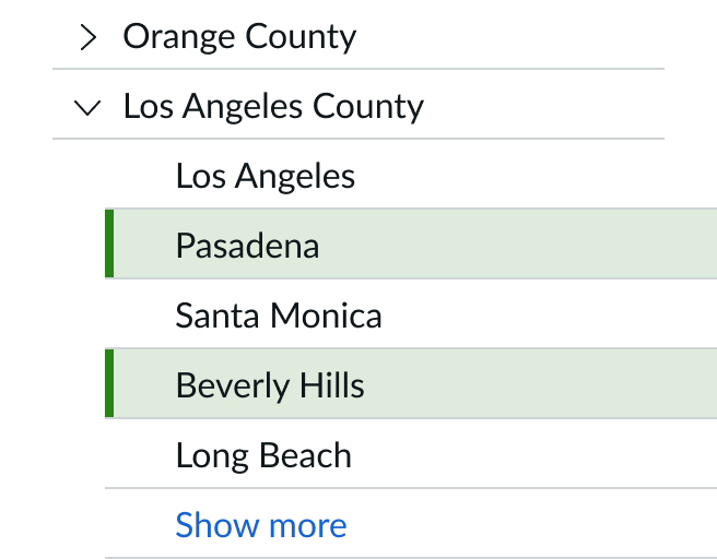 items Pasadena and Beverly Hills items are selected under the parent Los Angeles County