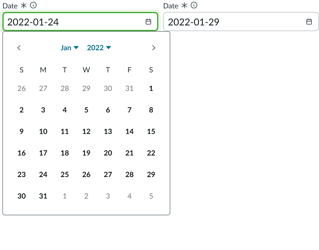 Shows date-time-interval configured to display dates, with the picker open.