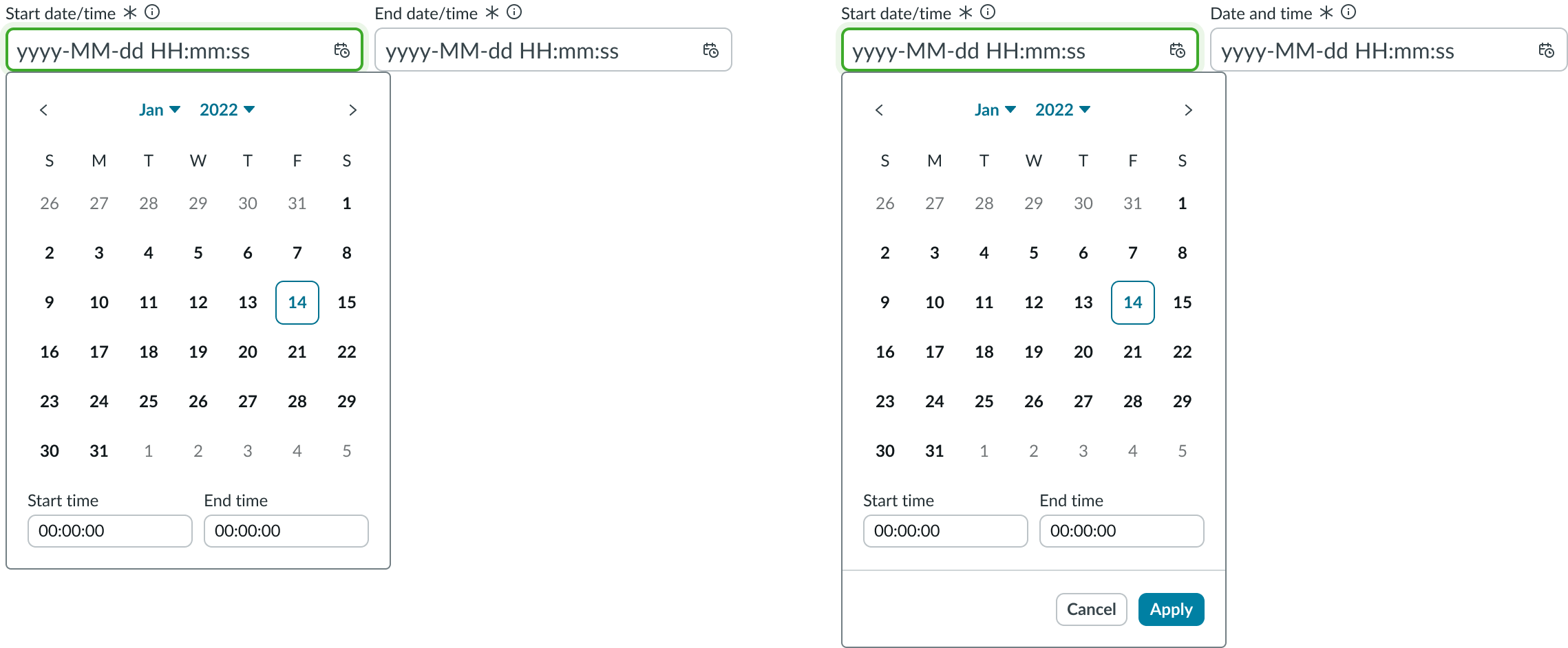 Date-time-interval with and without Cancel and Apply options displaying in the footer.