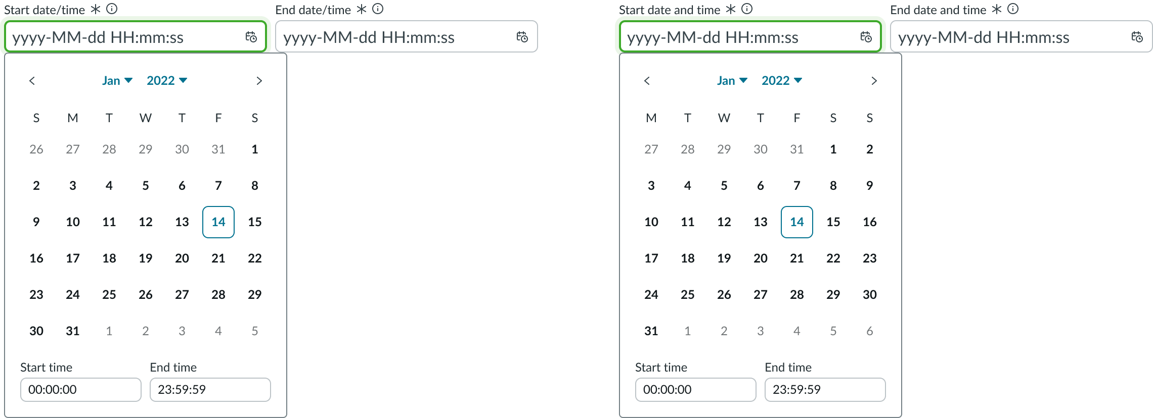 Date-time-interval showing Sunday-first and Monday-first week layouts.