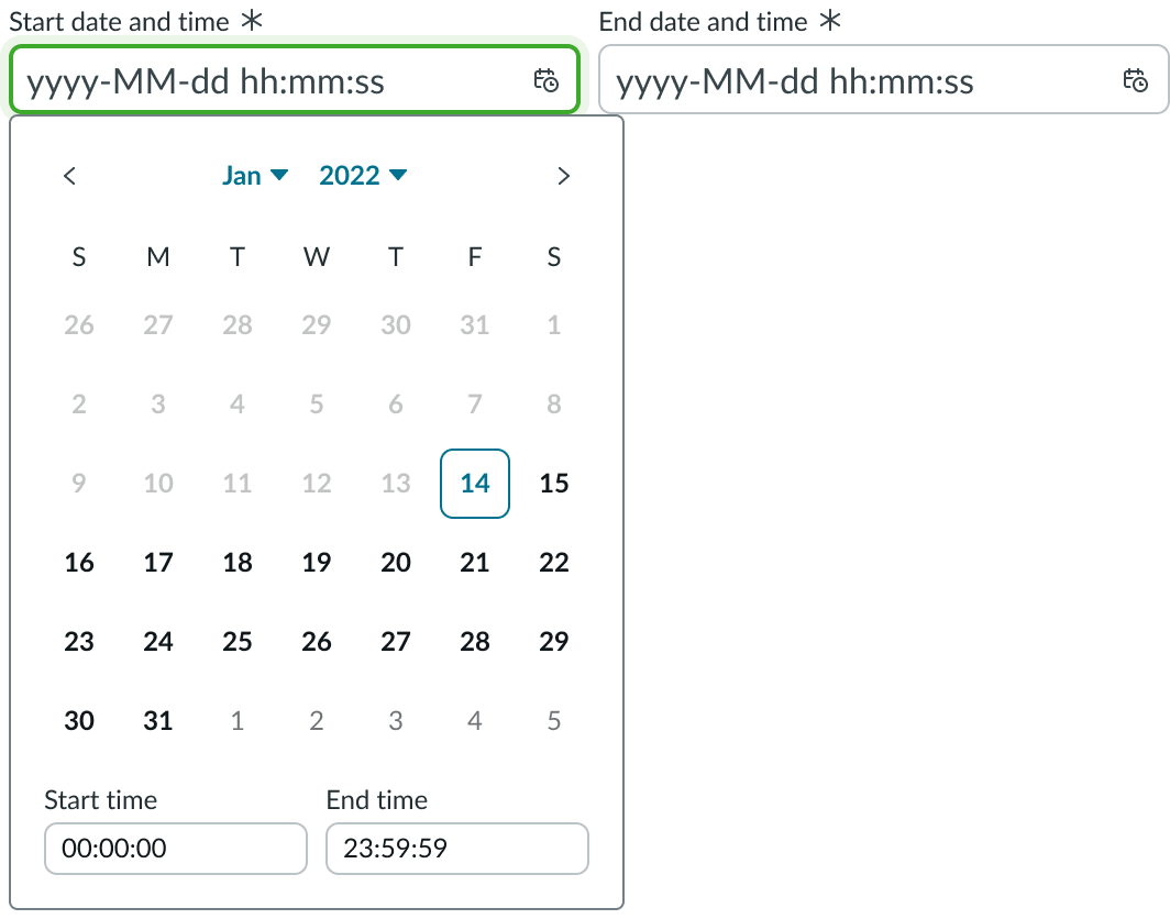 Date-time-interval with specific dates disabled and greyed out.