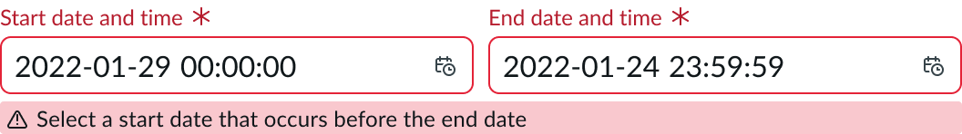 Date-time-interval showing invalid state message when the end date is before the start date.