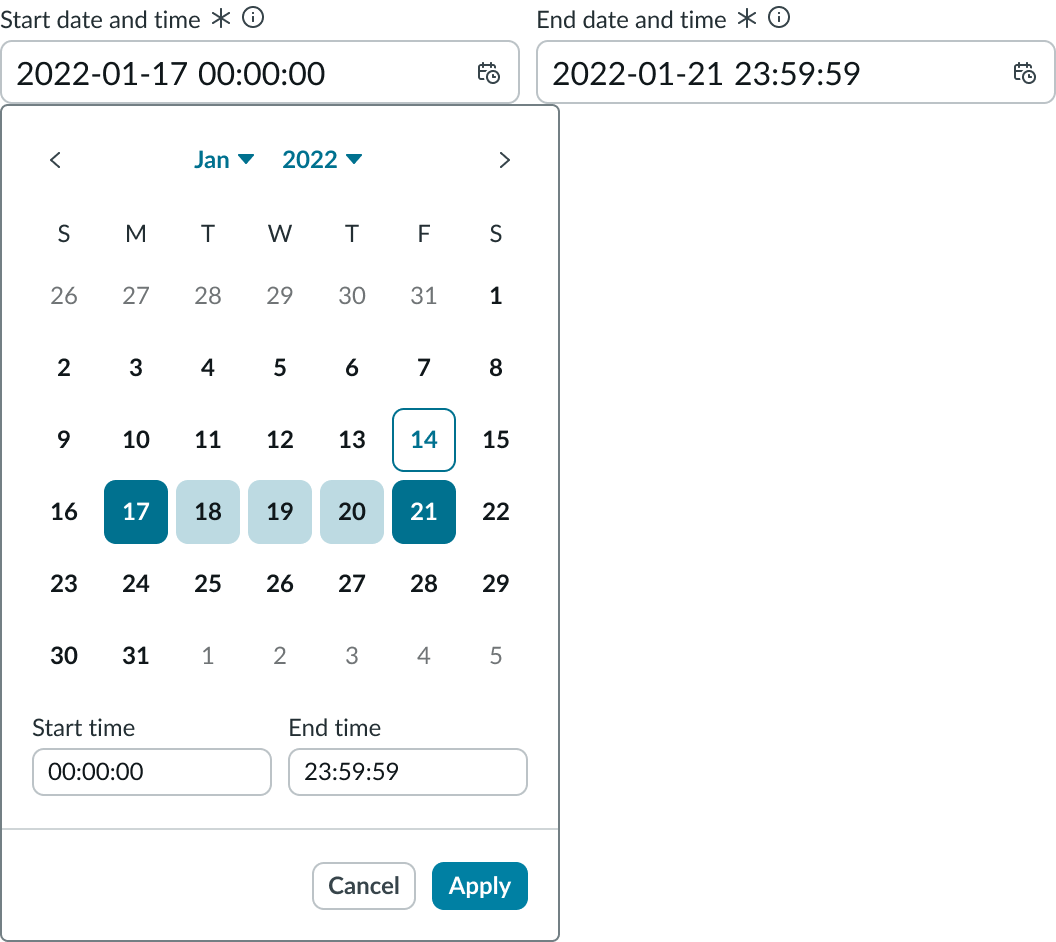 Date-time-interval displaying Cancel and Apply options in the picker footer.