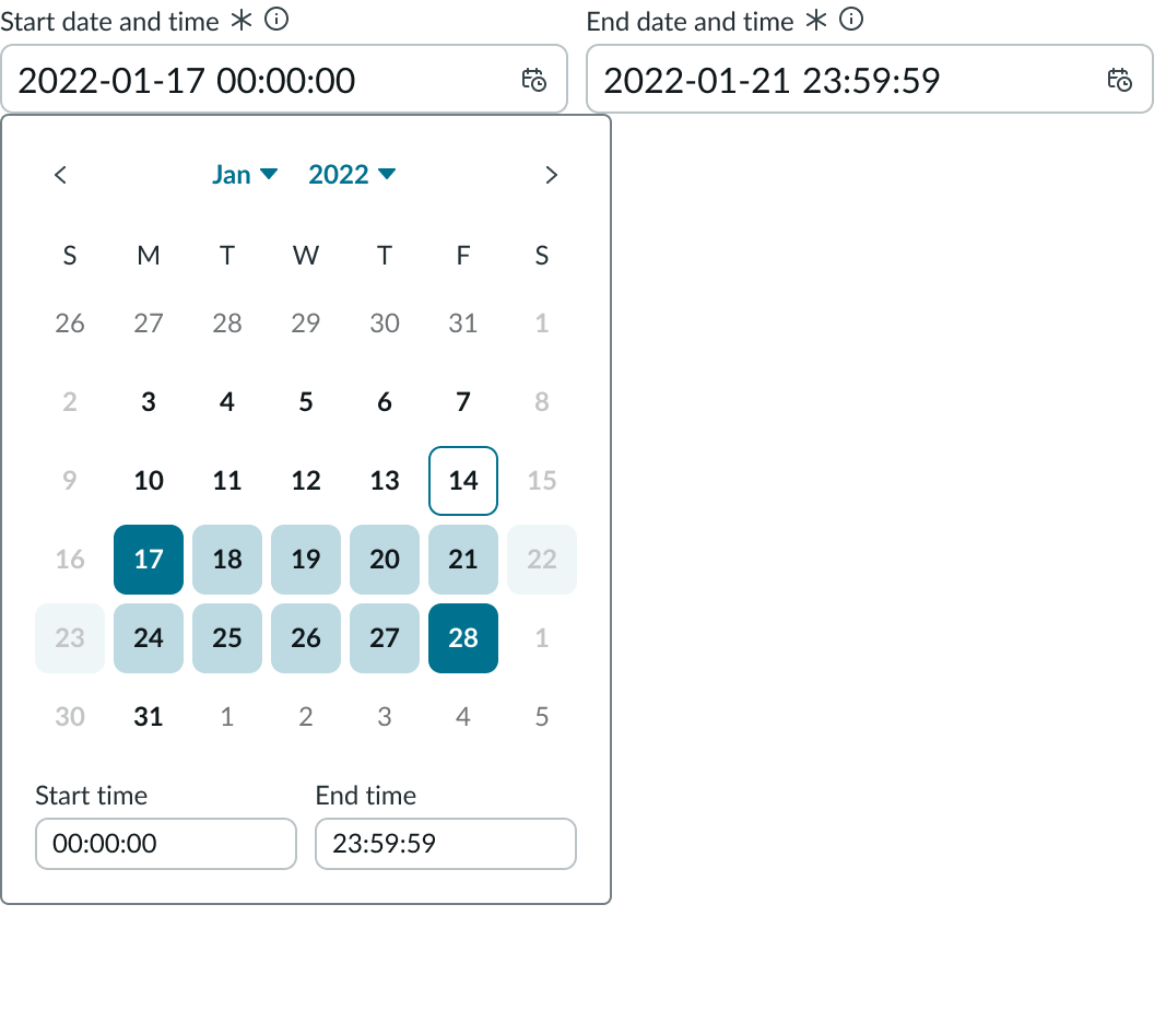 Date-time-interval with selected dates disabled and greyed out.
