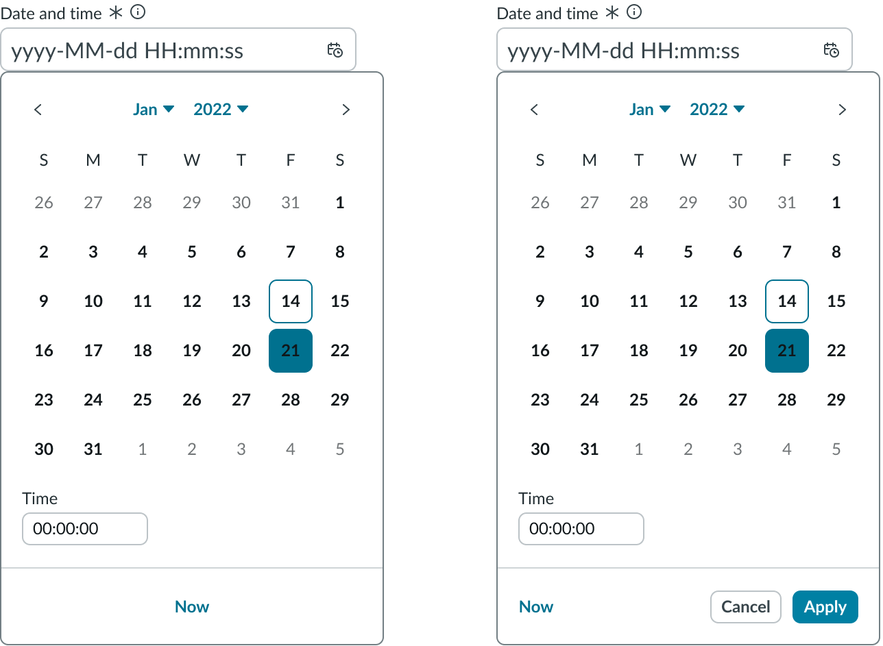 Two images display the footer actions configured and hidden, respectively.