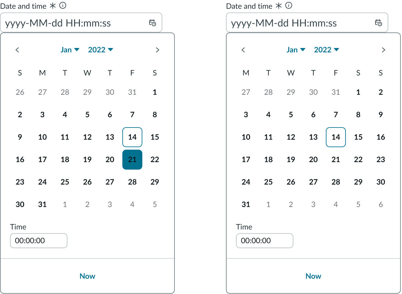 Two images display with the first day of the week set to Sunday and Monday, respectively.