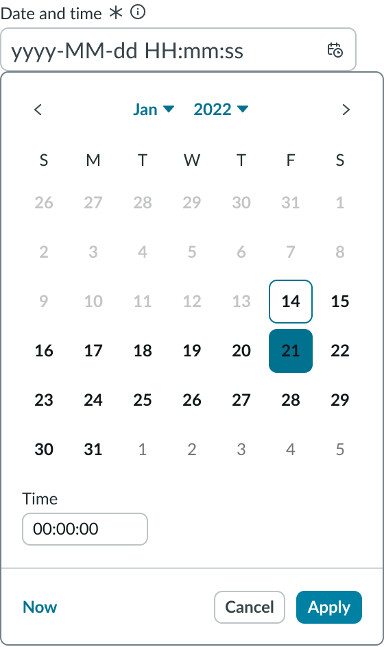 Shows date-time with specific dates disabled and greyed out.