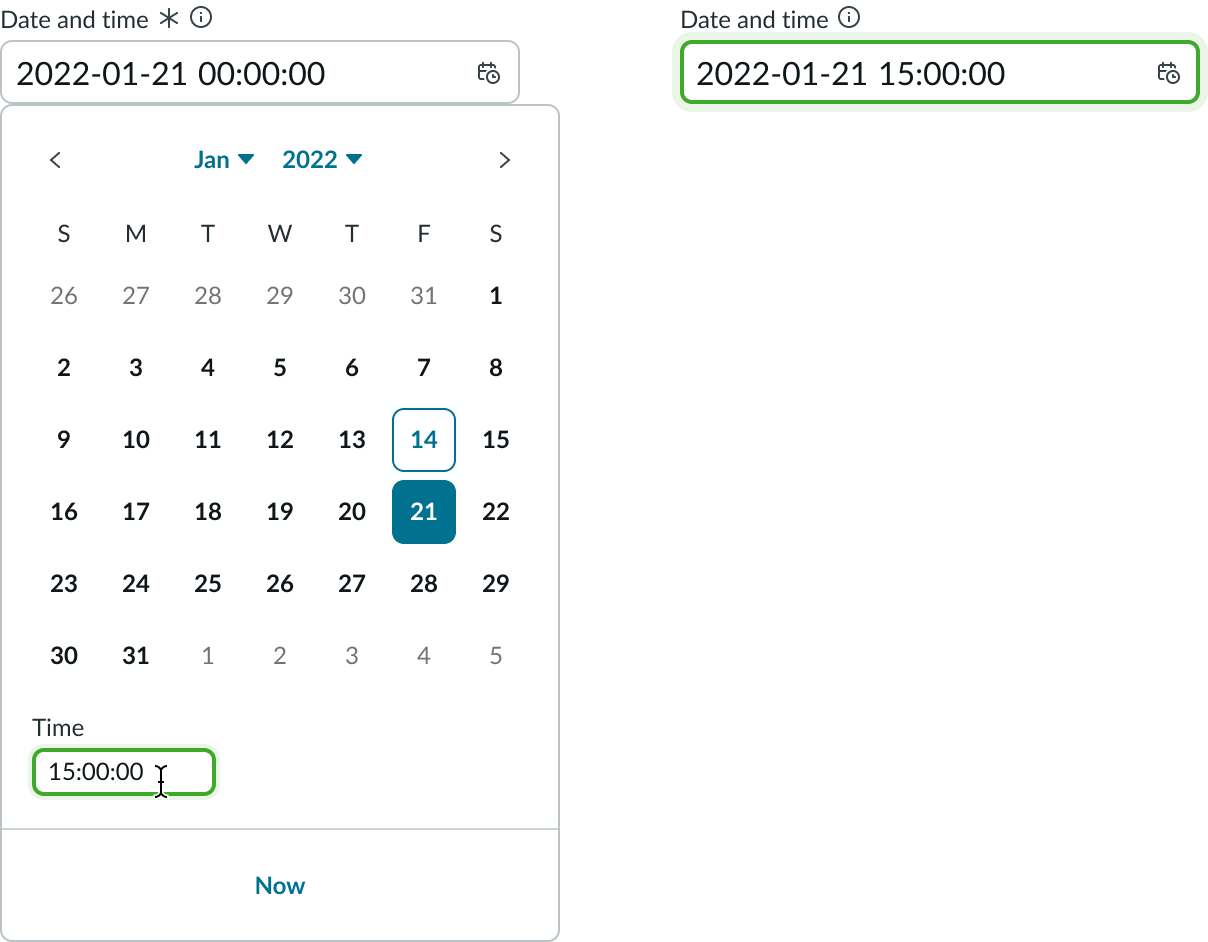 Shows a date and time being selected on the calendar, collapsing the picker.