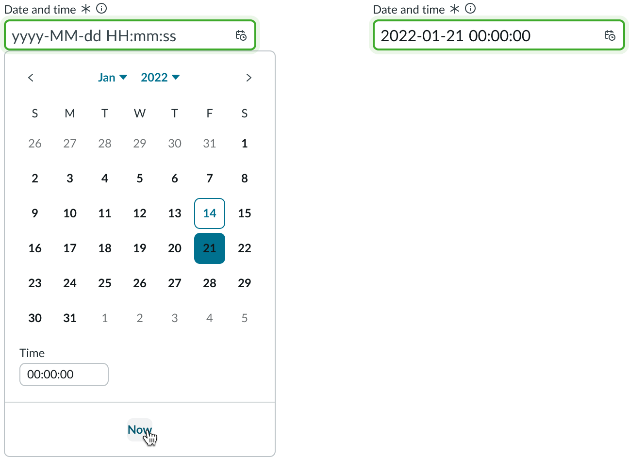 Shows a cursor selecting the Now button, setting the date and time current and collapsing the picker.